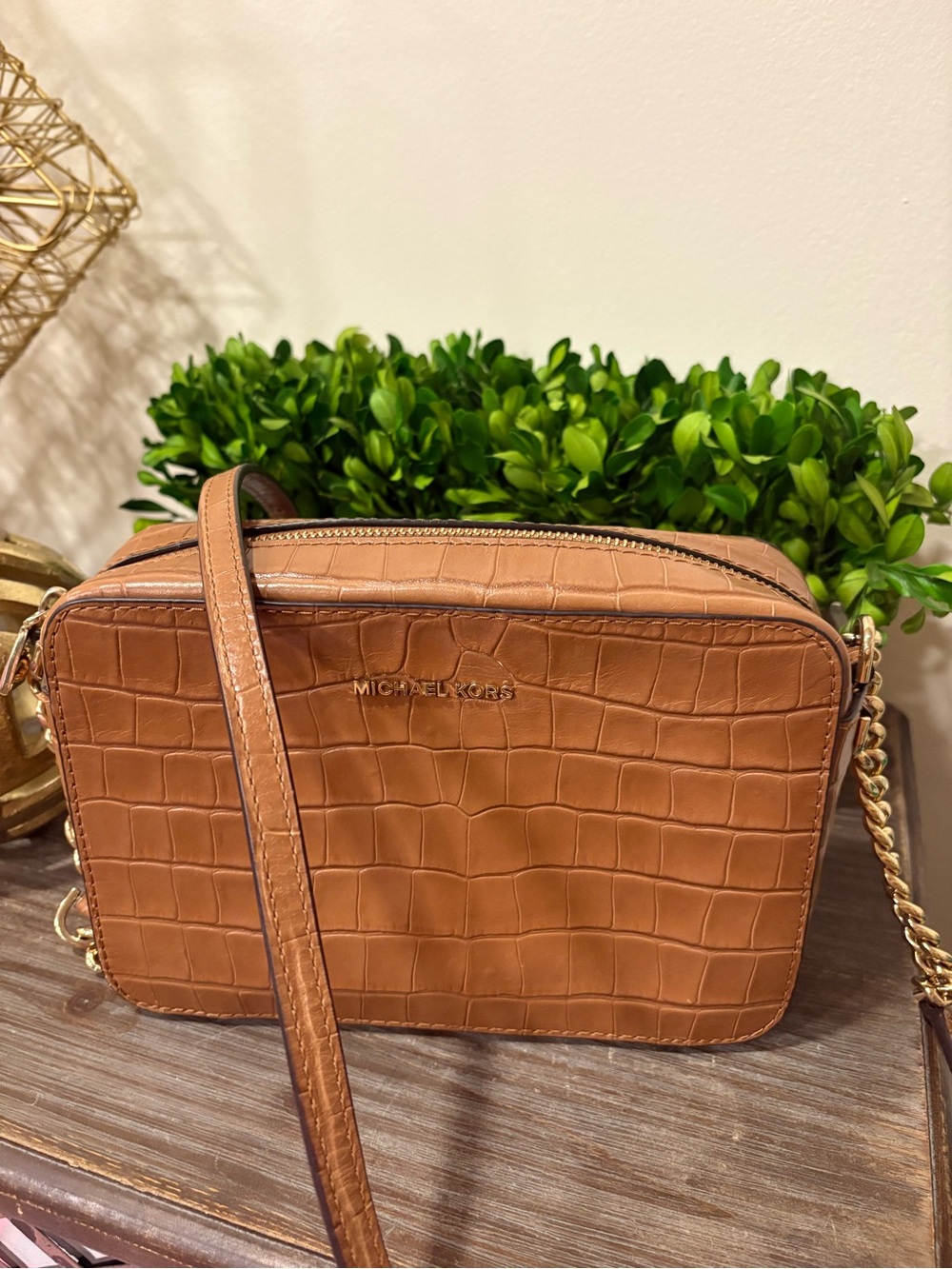 Michael Kors Tan Croc-Embossed Leather Crossbody Bag
